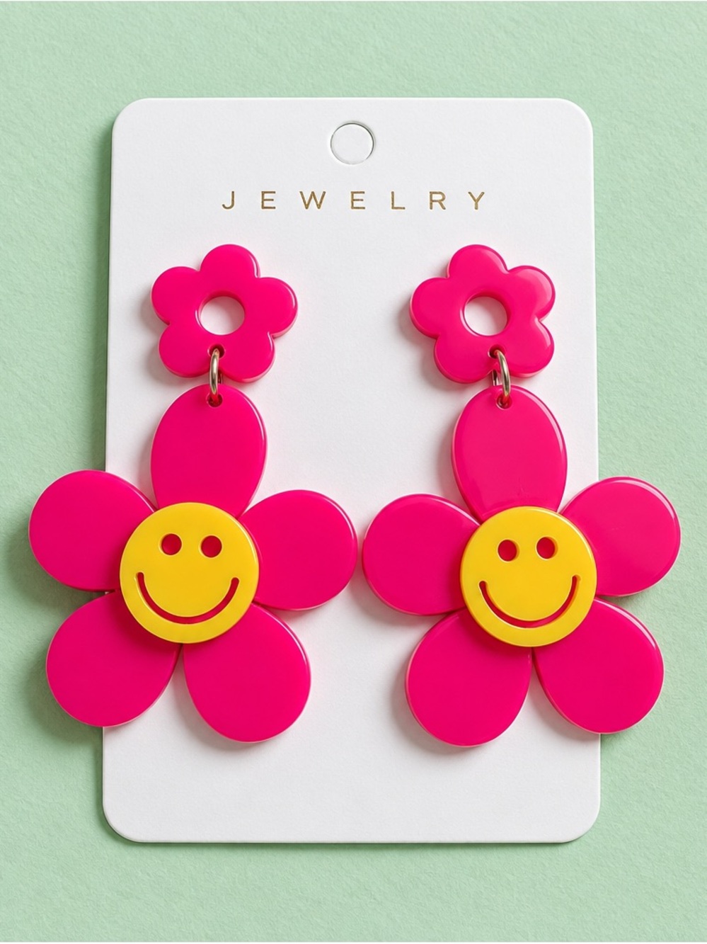 Fashion Jewelry Hot Pink and Yellow Smiley Flower Drop Earrings
